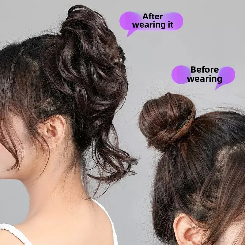 Hair long beard curling ring, high-end flower bud flower wig bag, fluffy real hair ball head, women's bun hair accessory