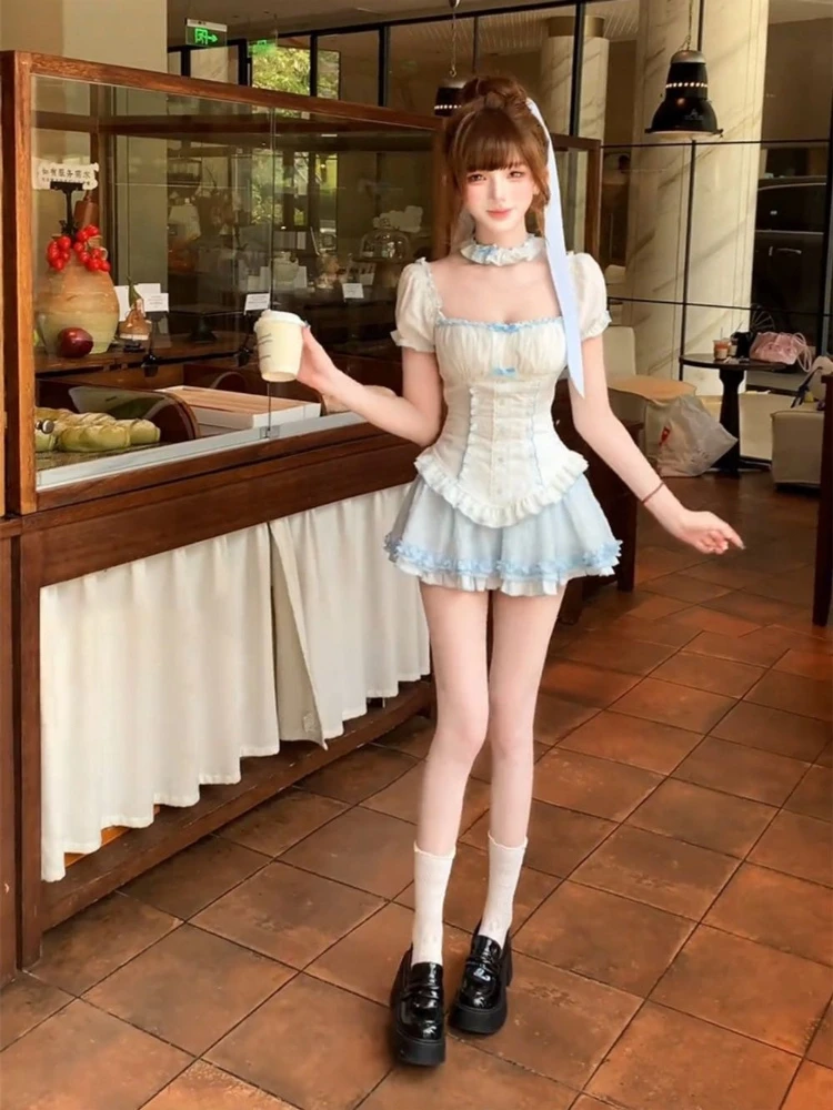 Coquette Sweet French 2 Piece Set Women Off Shoulder Puff Sleeve Ruched Lace Trim High Waist Ruffle Mini Skirt Party Outfit 2026