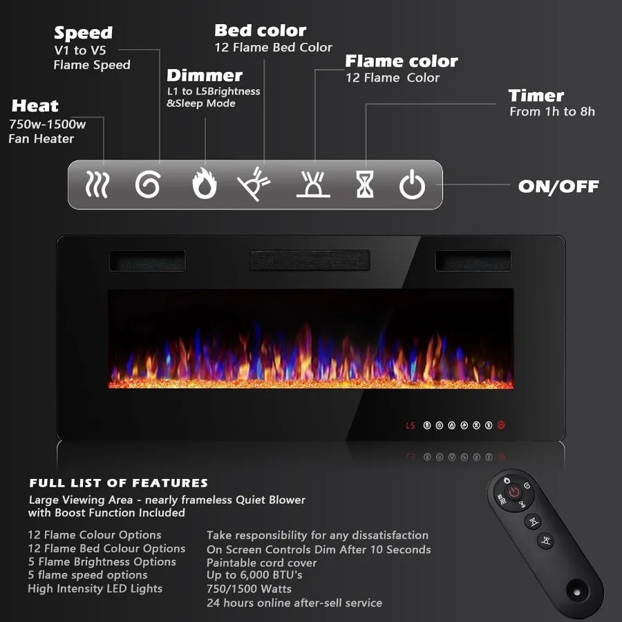 42 inch UltraThin Silence Linear Electric Fireplace Recessed Wall Mounted Fireplace Designed for 2 x 4 and 2 x 6 Stud Walls Off