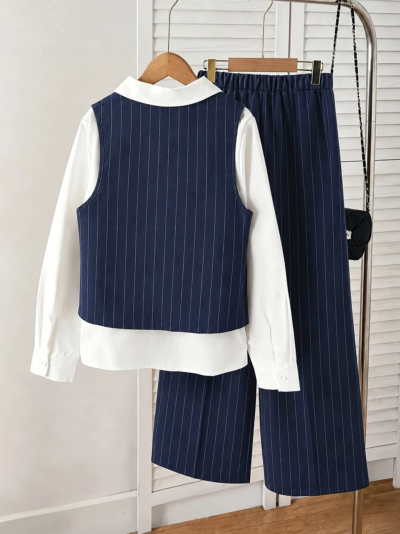 Tween Girls 3 Piece Tailored Preppy Set Pinstripe Peplum Vest Button Up Shirt Wide Leg Pants, Navy White Formal Casual Outfit