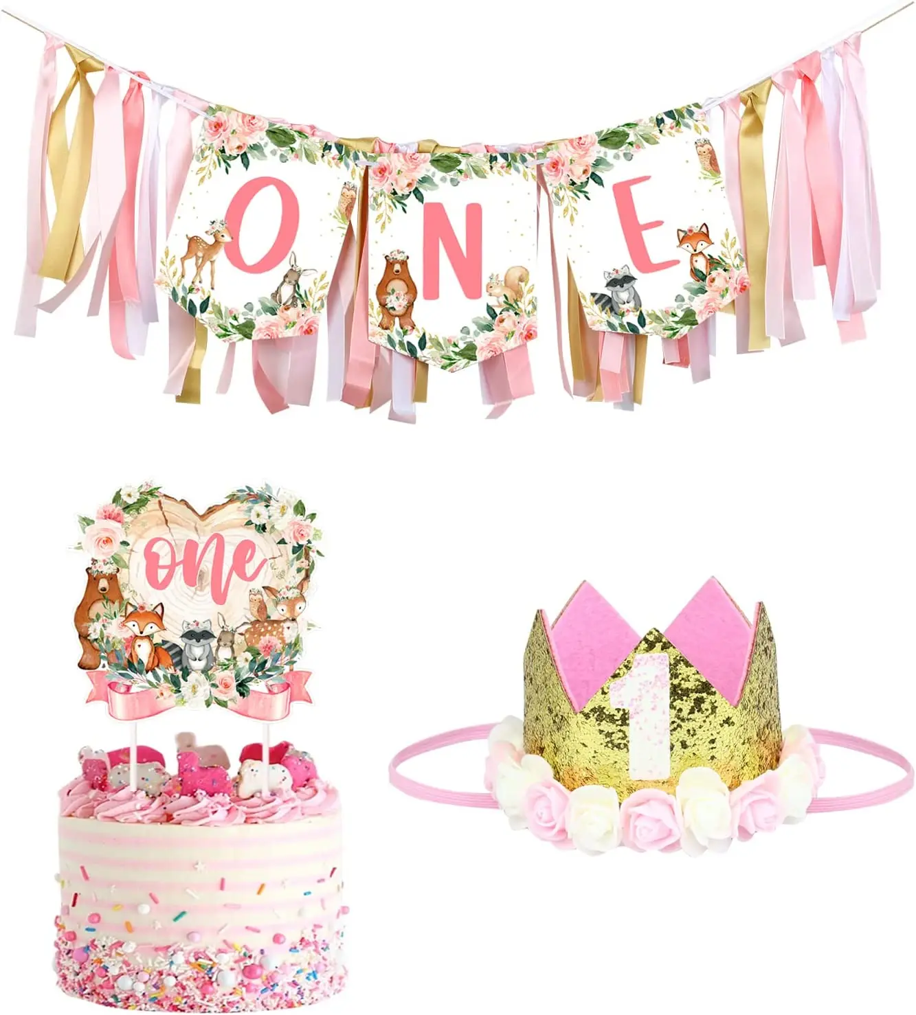 

Pink Woodland Animal Decorations for Girl, 1st Birthday, Forest One, High Chair Banner, Cake Topper, Crown for Jungle Wild Party