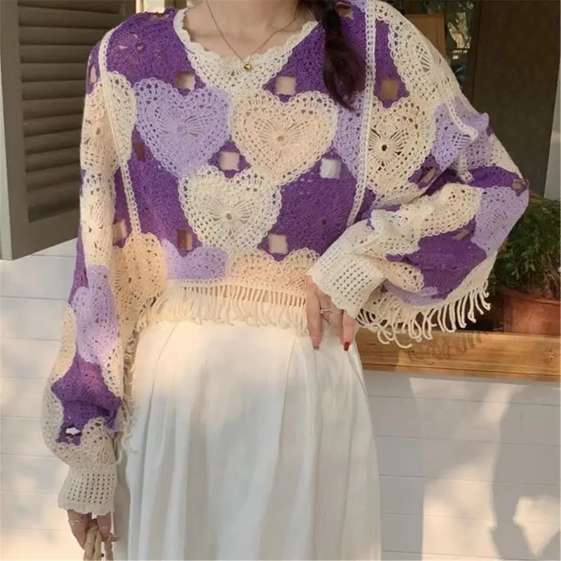 

Y3NE Hollow Out Crochet Knit Sweater for Women Heart Pattern Loose Pullover Crop Top