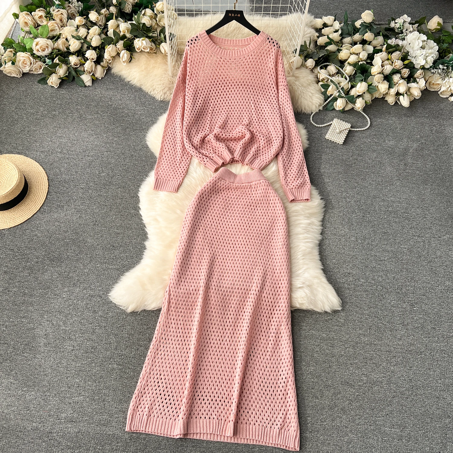 

Spring New Hollow out Design Women's Set Long sleeved Round Neck Pullover Knitwear+Versatile High Waist Skirt Two-Piece Sets