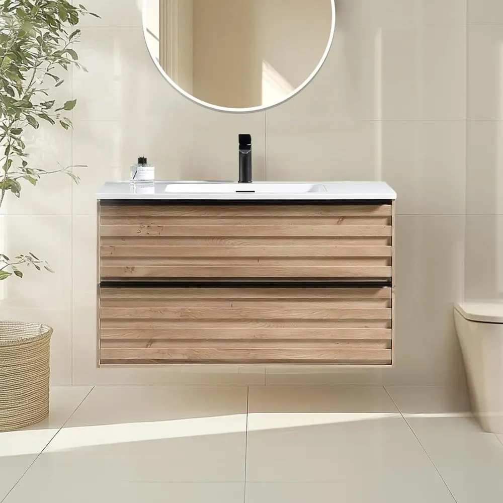 

Mid-Century Modern 30 Oak White Floating Vanity with Ceramic Sink and 2 Soft-Close Drawers