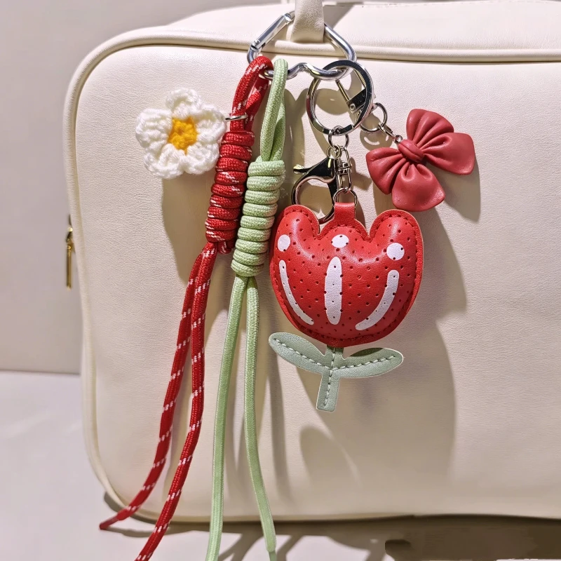 New Style Creative PU Leather Tulip Flower Keychain, White Bow Bag Pendant Keychain, Personalized New Year Gift