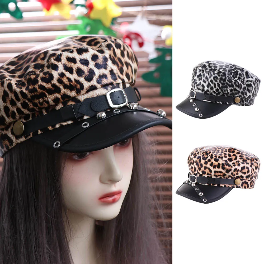 

Винтажная леопардовая шляпа с заклепками в стиле панк, готический берет Y2k, шляпа из искусственной кожи в стиле Харадзюку, кепка с плоским верхом для девочек