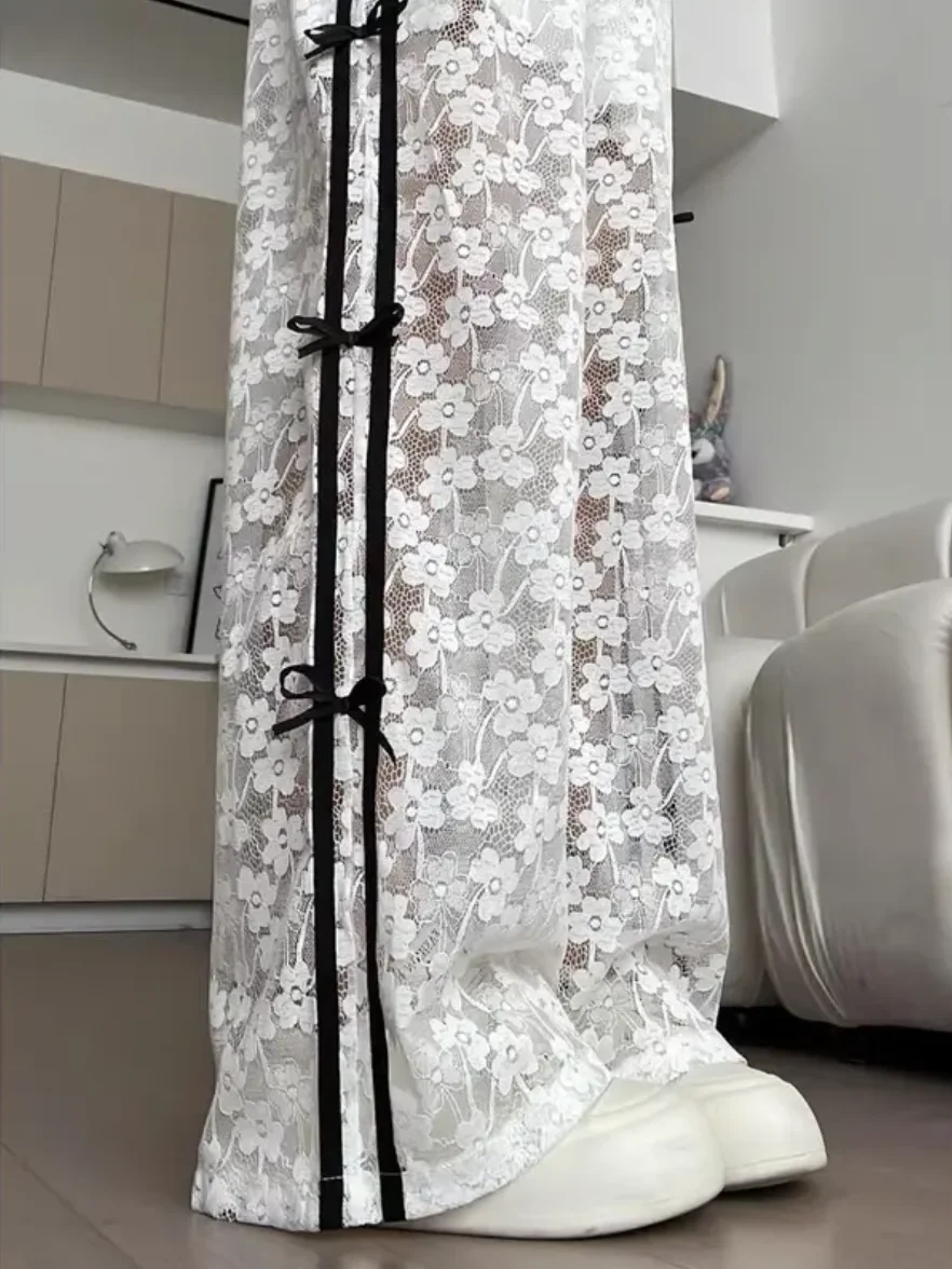 

Женские широкие брюки с кружевными вставками и узлом, весна-осень 2024, новые, белые, прямые, свободные, повседневные