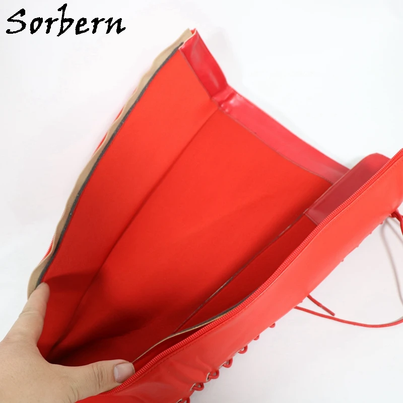 Sorbern Red Matte Hard Shaft Boots For Women Small Heels Knee Hjigh Lace Up Fetish Cosplay Boots Custom Colors