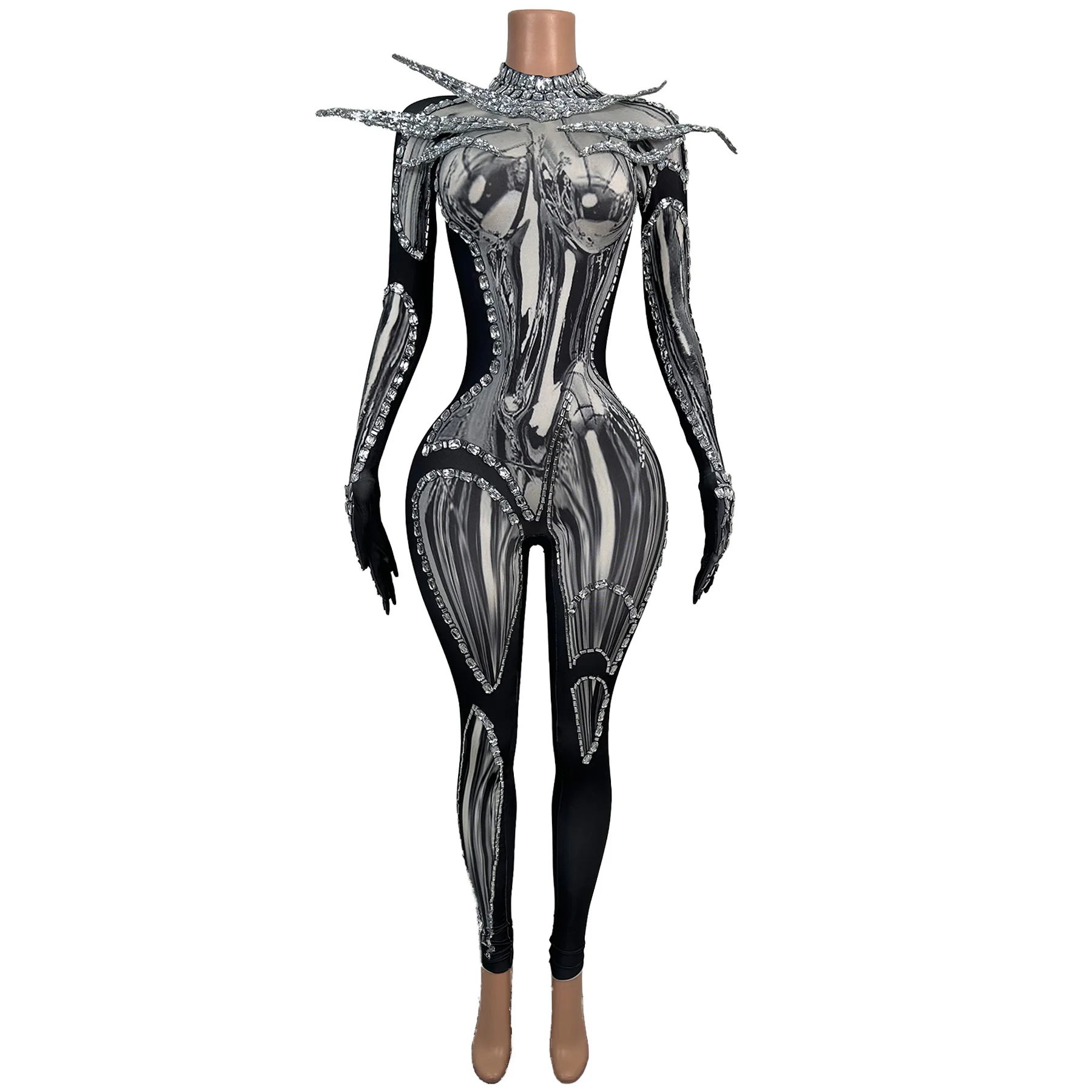 Tieban Luxury Cyber Style Mirror Texture Print Length Jumpsuit Silver Rhinestone Trim Spiky Shoulder Singer Nightclub Outfit