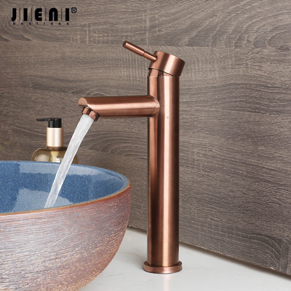 

JIENI Red Antique Copper Bathroom Basin Sink Faucet Single Handle Control Tall Style Stream Spout Hot Cold Water Mixer Taps