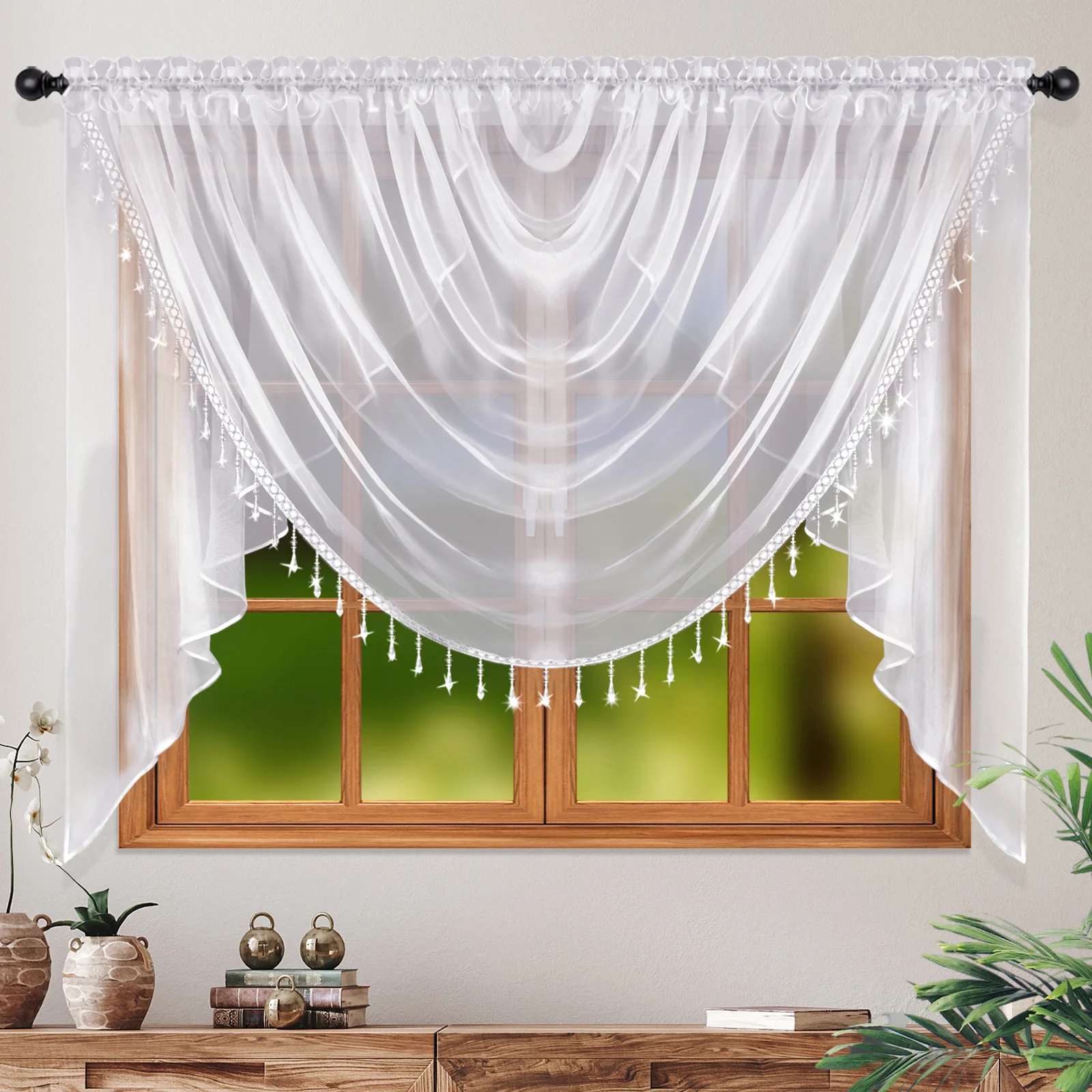1 STÜCK Chiffon-Vorhänge im europäischen Stil, Perlenverzierung, durchscheinende Filtervorhänge für Wohnzimmer, Festivals, Neujahrsdekoration