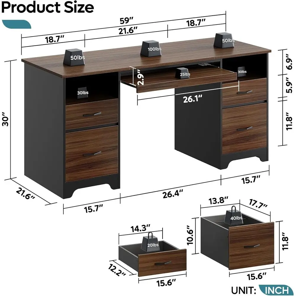 59 Industrial-Style Cherry Home Office Desk with 4 Drawers, Storage, Keyboard Tray & 2 Pedestals