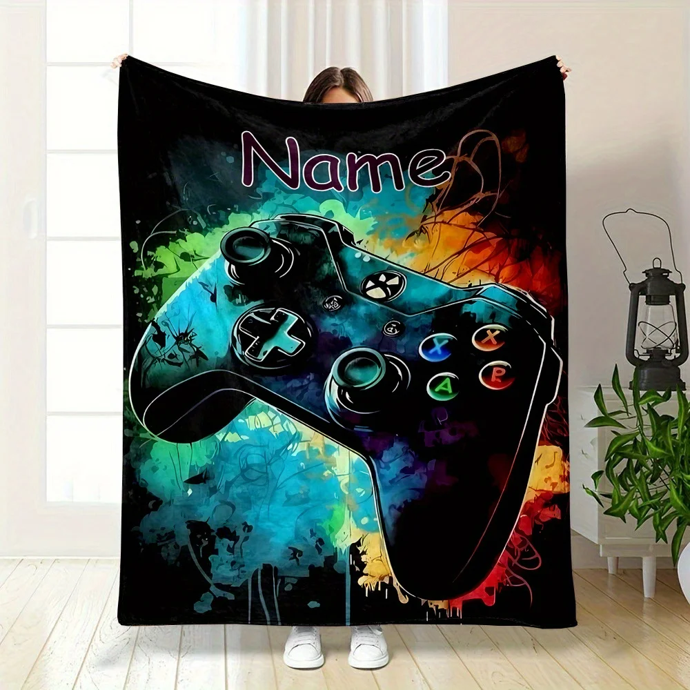 Personalized Gamer Gamepad Color Splash Pattern Flannel Fleece Blanket Warm Plush Bed Throw for Living Room Office Travel