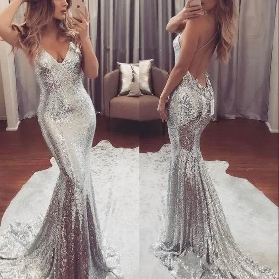 

Fashion V-Neck Mermaid Prom Dresses Vestidos de festa Sexy Criss-Cross Back Design Sparkly Sequined Evening Party Gowns