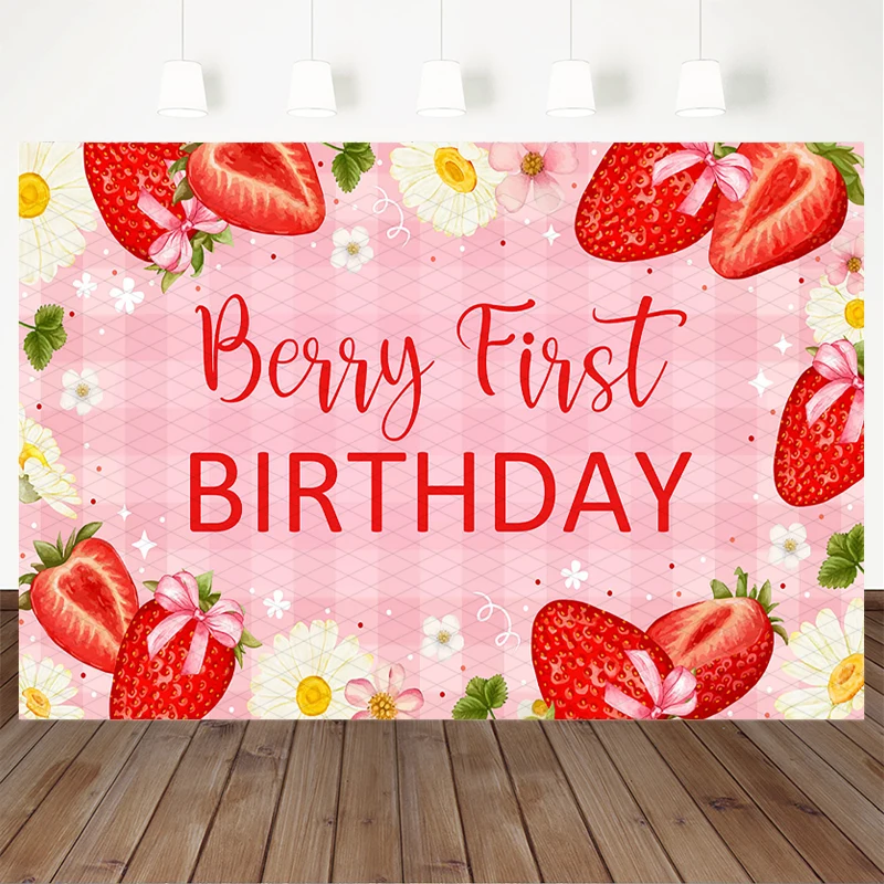 Mocsicka Berry First Birthday Backdrop Pink Check Strawberry Daisy Floral Background Woman Baby Girl 1 Year Old Photoshoot Props