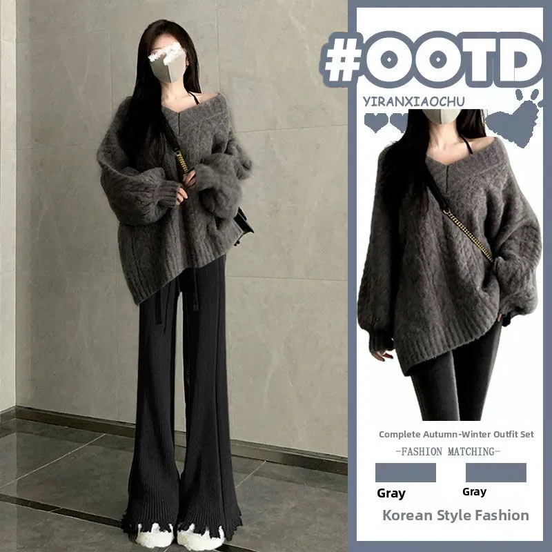 الكورية Sle سترة V-Ne عالية الخصر متوهج السراويل قطعتين مجموعة كسول Sle أوائل الخريف حجم كبير لباس نسائي غير رسمي