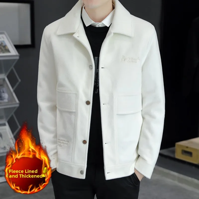 

Men's ort Thiened Fce Lined Slim Fit Woolen Jaet Autumn Winter Faionable Ci Sle Single Button Zipper Decoration