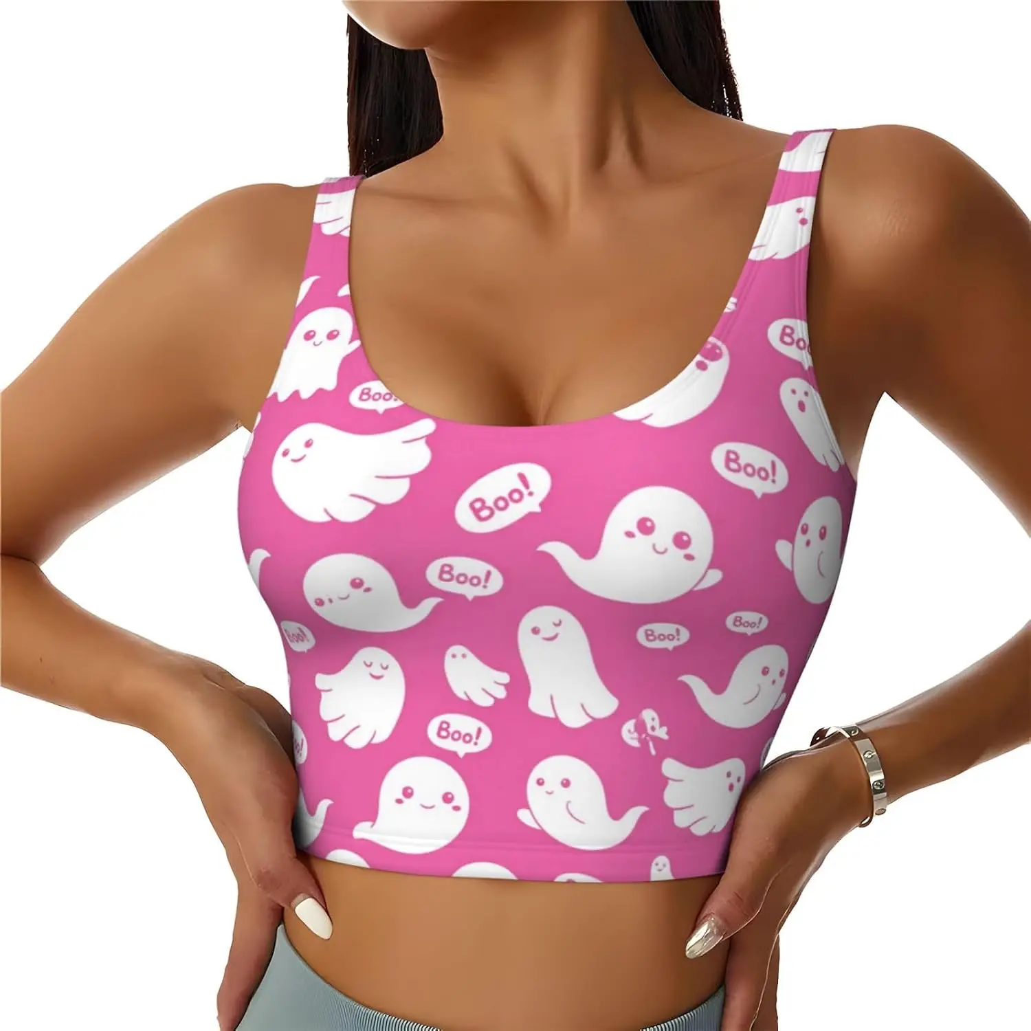 Halloween Cat Ghost Pink Women'S Sports Bra, Racerback Workout Bra With Removable Pads, Soft Stretch Yoga Bra