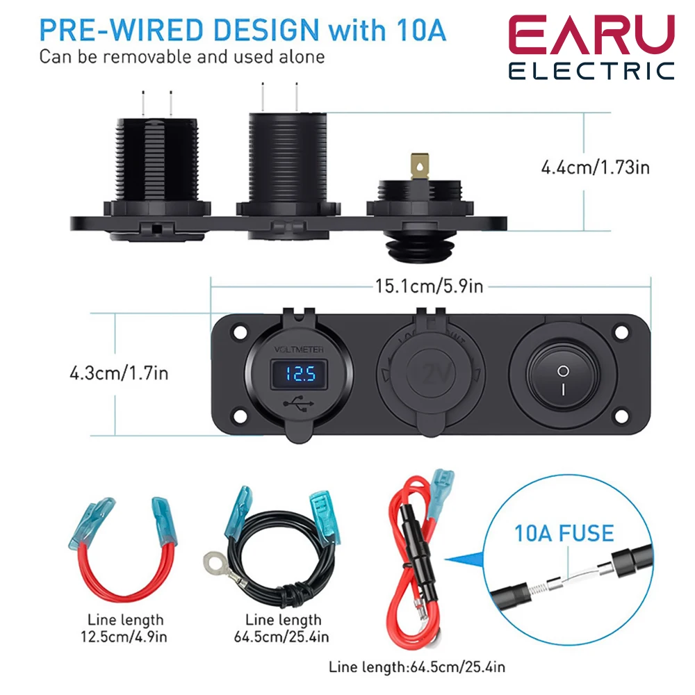 

12V Cigarette Lighter Socket 3 in 1 Waterproof Car Dual QC3.0 USB Outlet Panel for RV Marine Boat Power Socket Charger Socket