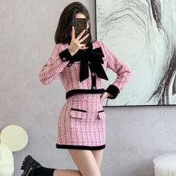 French Small Fragrance Autumn and Winter Tweed Two Piece Plaid Ladies Bow Short Coat + High Waist Mini Skirt Women Elegant Suit