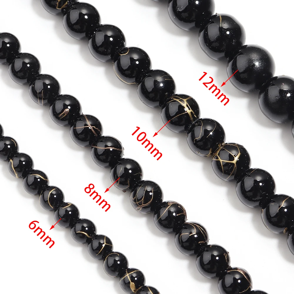 ลูกปัดแก้วทรงกลมสีดำขนาด 6/8/10/12 มม. จำนวน 30-60 ชิ้น/ล็อต ลูกปัดแก้วลายทอง/เงิน ลูกปัดหลวมสำหรับทำเครื่องประดับ DIY