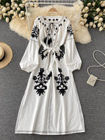 2022 New Spring Autumn Women's Embroidered Dress V-neck Tie Split Retro Indie Folk Style Holiday Beach Long Dress Women