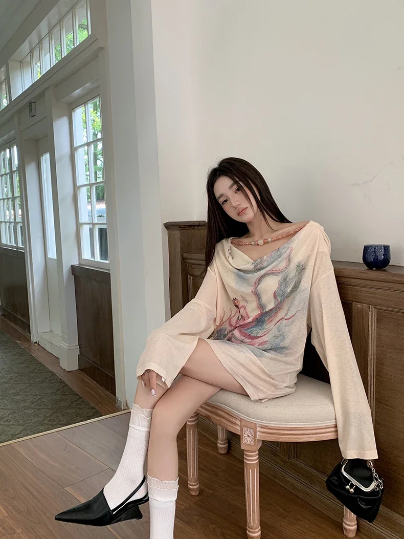 Illustration Designer Graphic T Shirts Women Cowls Long Sleeve Tees Knit Top Fall Clothes 2024 Women