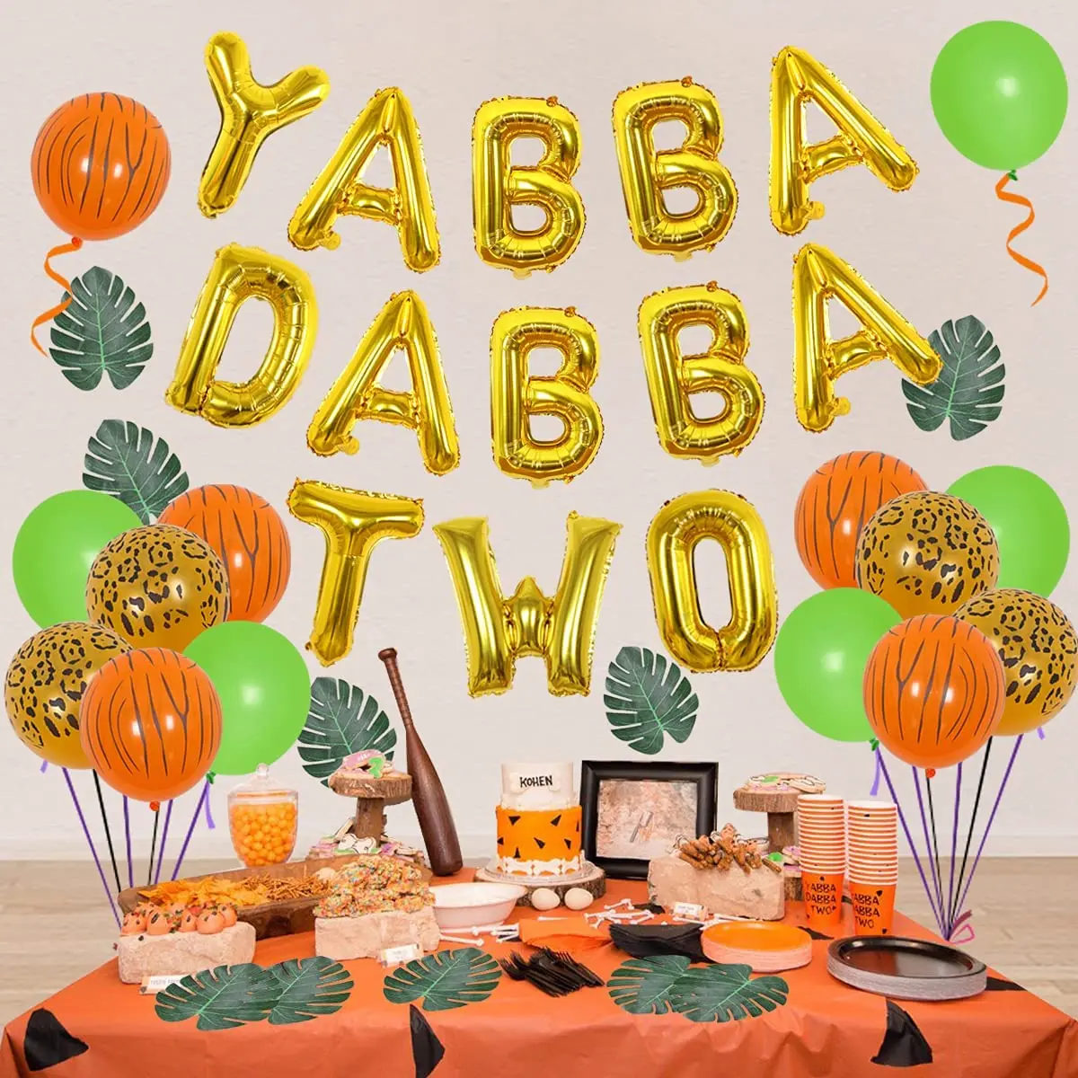 Dschungel 2. Geburtstag Dekorationen für Jungen Yabba Dabba zwei Folie Ballon künstliche Palmblätter Leoparden muster Tiger Streifen Luftballons