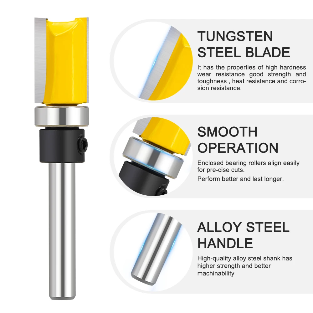 Flush Trim Milling Cutter 6mm 8mm 1/4 1/2 Shank Top & Bottom Bearing Router Bit 10-30mm long Template Pattern Bit Cutting Tool