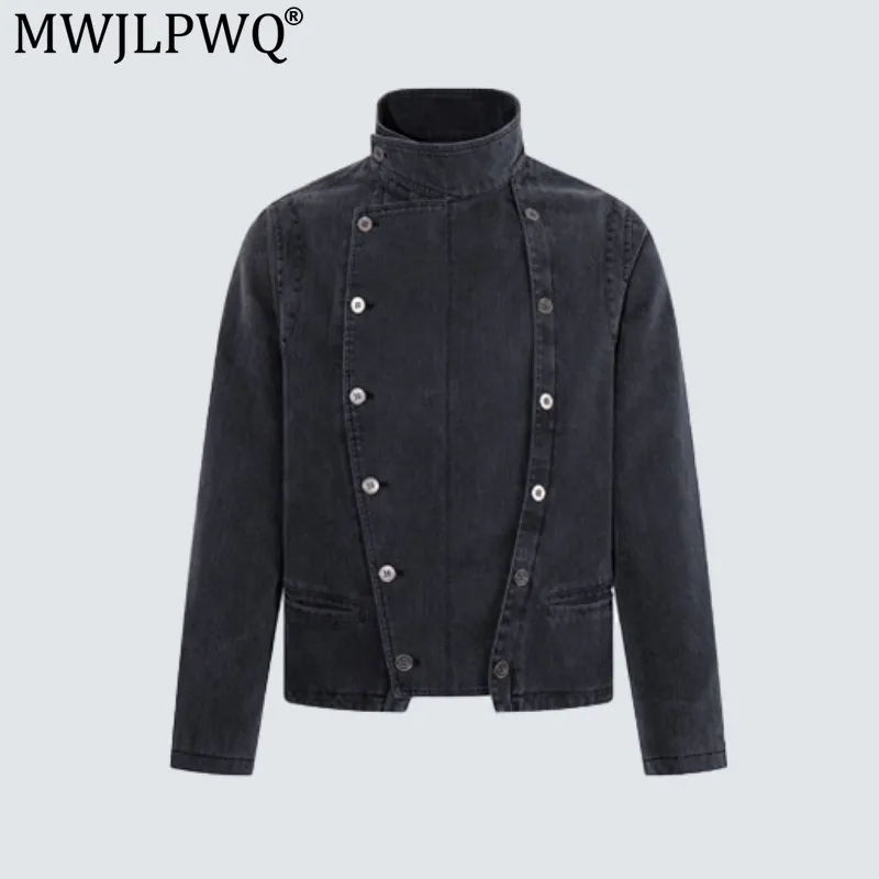 MWJLPWQ American-Style High-Street Double-Breasted Jacket Stand Collar Deconstructed Design Unique Split Tops Street 21252