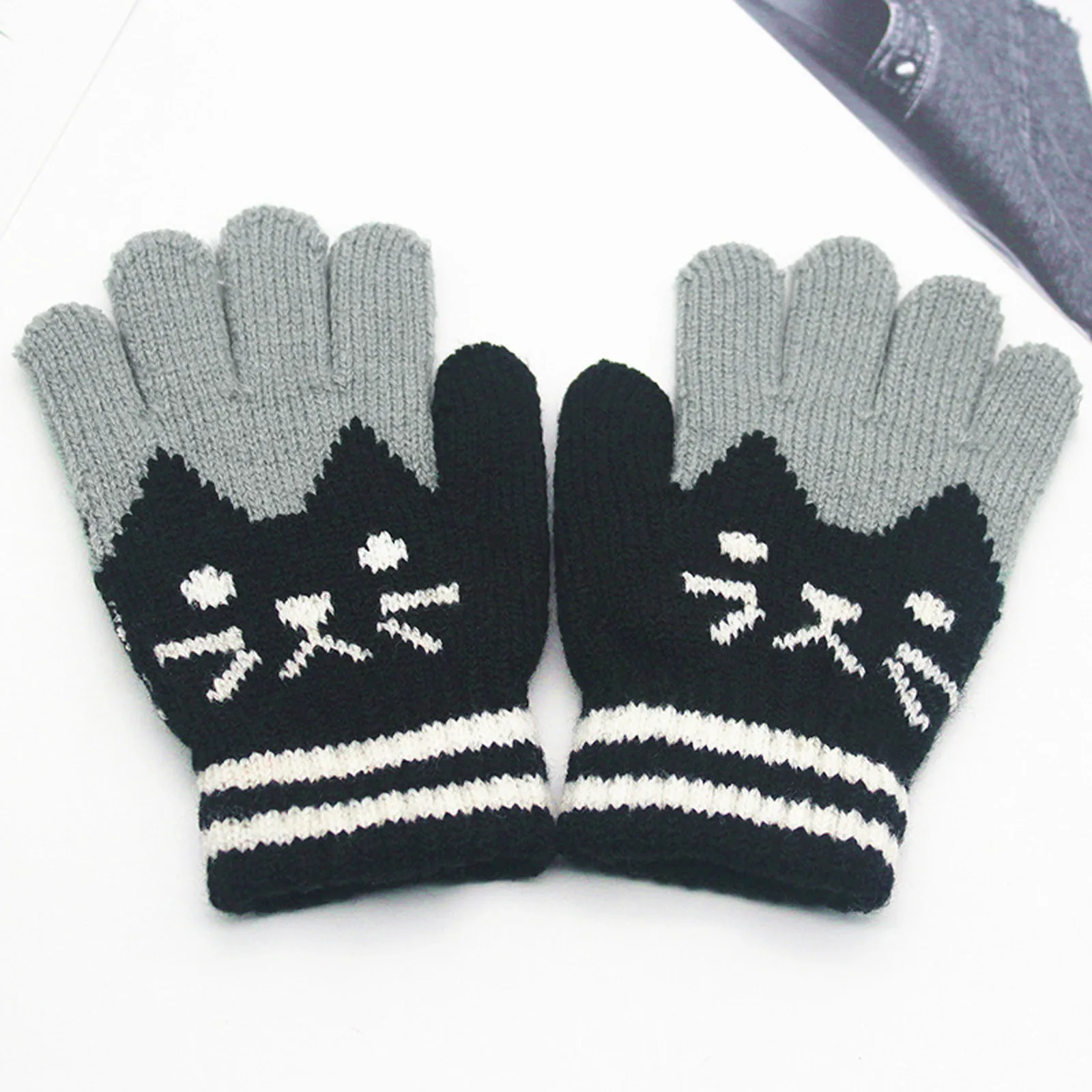 Winter Children\'s Plus Velvet Thickening Cute Cartoon Cat Point Finger Gloves