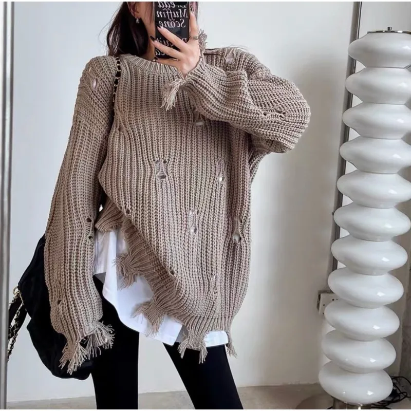 Hand Frayed Hollow Holes Thick Knitted Sweater Tassel Women Korean Warm Pullover Slim Crew O Neck Top Winter Knitwear Jumper