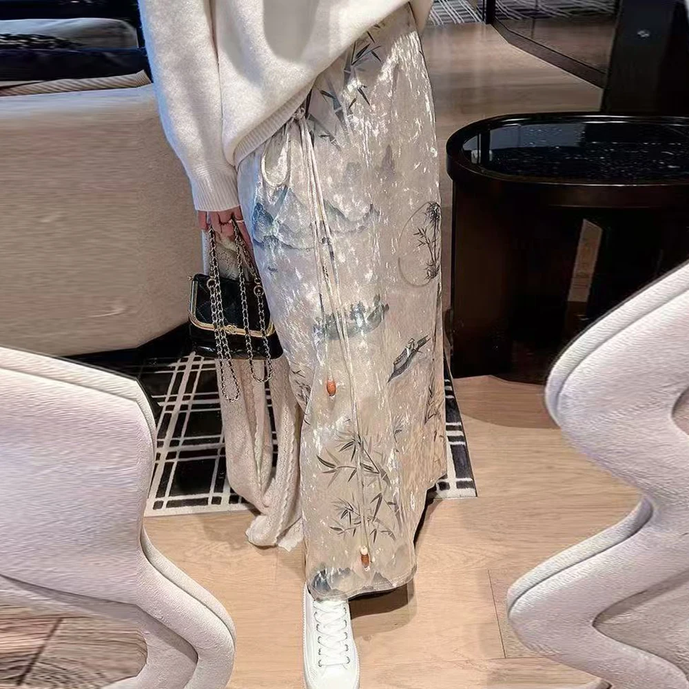 

New Chinese bamboo national style temperament printed apricot velvet skirt large size fat MM winter new hip skirt