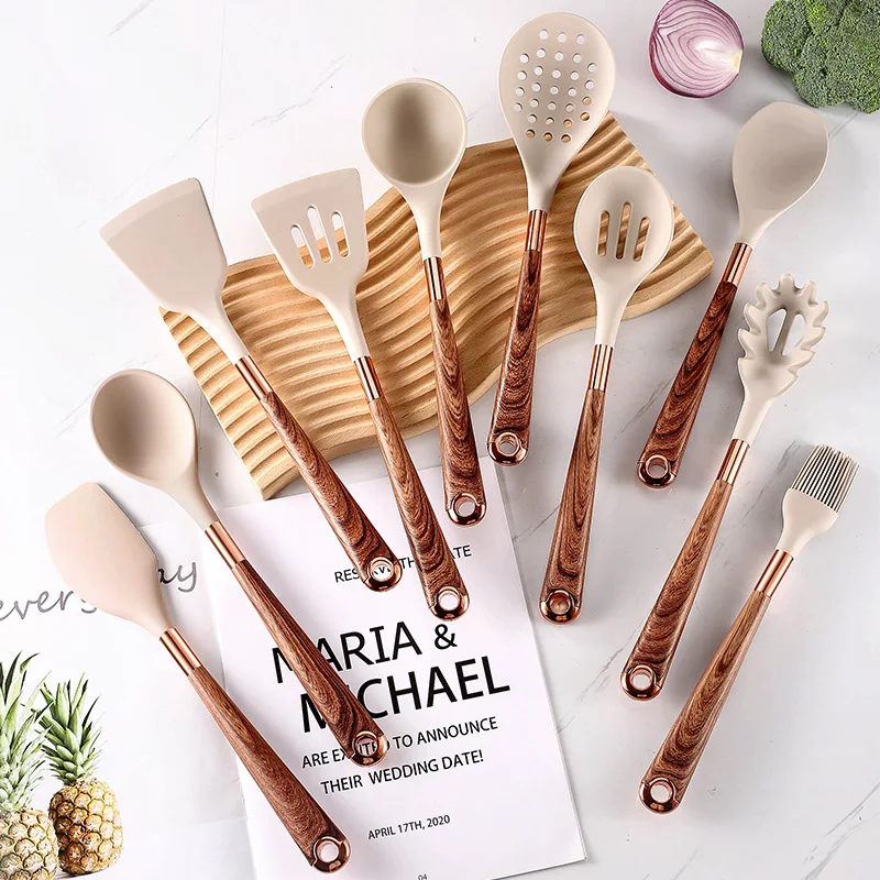 Heat-resistant Covering Handle Kitchenware Utensils Set Silicone Gold-plated Spatula Spoon Scraper Non-Stick Kitchen Cookware