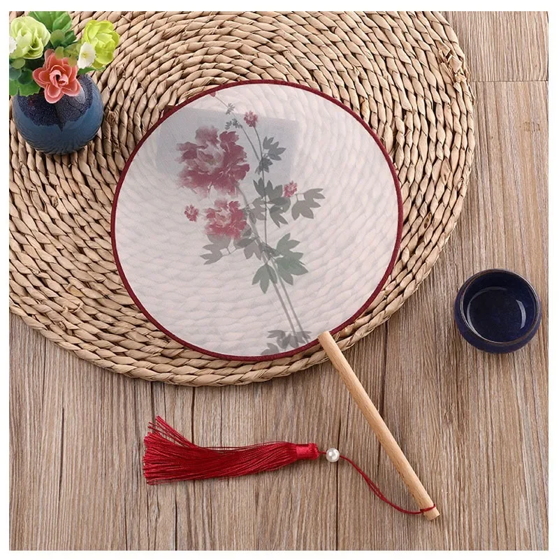 

Chinese Ancient Style Round Fan Women Classical Costume Palace Hanfu Decorative Fan Long Handle Tassel Small Round Fan