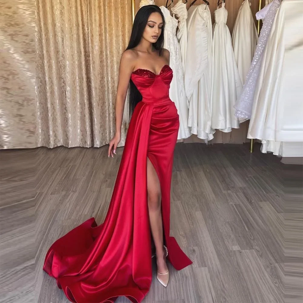 

Red Sequin Satin Mermaid Prom Dresses Sweetheart Sleeveless High Side Split Pleat Ruched Evening Dress Party Gown