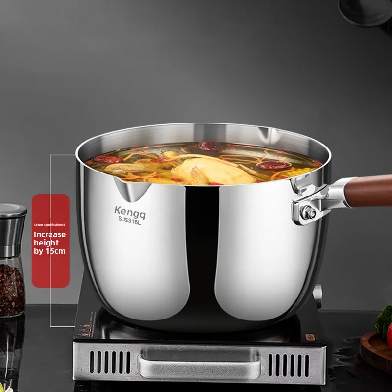 Kitchen Cookware Snow Pan 316 Stainless Steel Wood Handle Cooking Pan for Gas Induction Cooker Sauce Pot 6