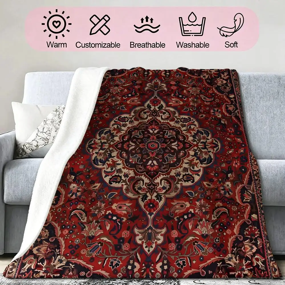 Retro Persian Rug Women Gift Throw Soft Cozy Flannel Blanket for Couch Sofa Bed, Mid-Century Modern Art Lover Gift