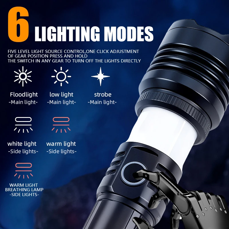 Super Bright LED Flashlight 26650 Battery USB Rechargeable Torch Light with Power Bank Handheld Flashlight for Camping Emergency