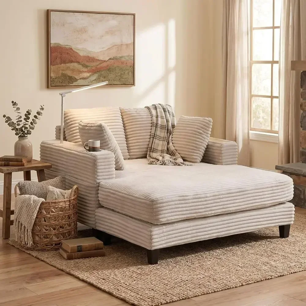 Jumbo Chaise Lounge with Reading Light & USB Port, Sleeper Sofa with Cup Holder, Solid Wood for Living or Bedroom (Beige Corduro