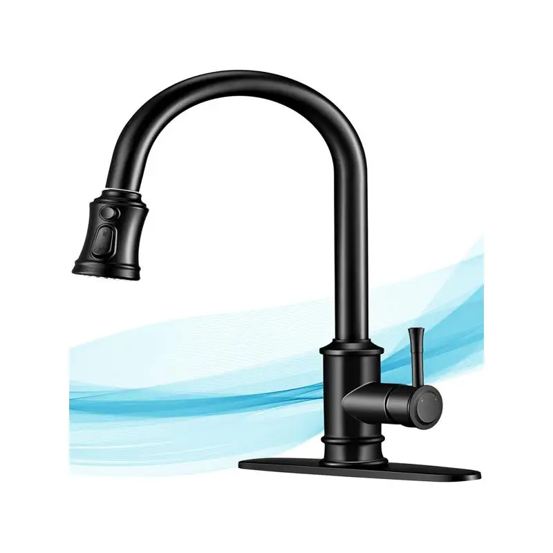 

3-Mode Pull Down Kitchen Faucet with Single Handle & Deck Plate for 1 or 3 Holes, 360° Swivel Spout, Easy Installation