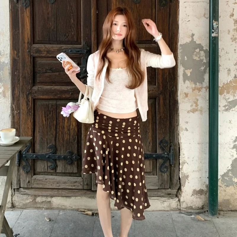 Summer Polka Dot Print Mini Skirt For Women High Waist Folds Asymmetry Skirts Street Fashion Party Club Casual Loose Skirt