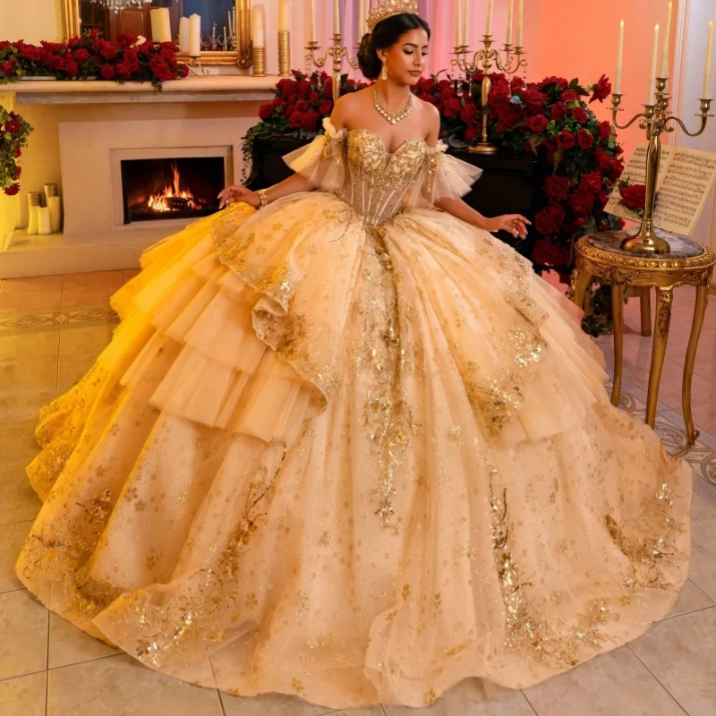 Champagne Quinceanera Dress Golden Sequins Crystal Decal Long Tail off-shoulder Layering Vestidos De 15 Quinceanera ﻿Customize