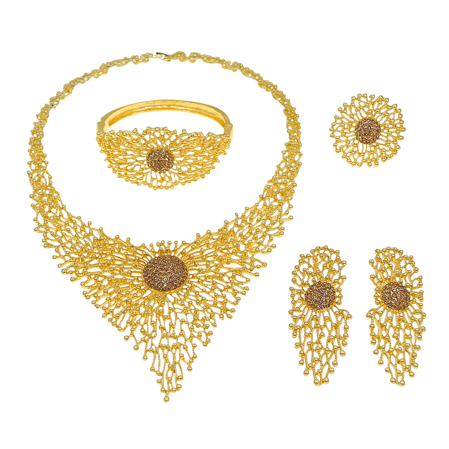 

Yulaili Fashion Gold Statement Intricate Filigree African Wedding Party Jewelry Set Necklace Earrings Bracelet Ring I00007