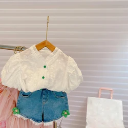 Summer Girls' Clothing Sets Lace Puff Sleeve Top+ Applique Flowers Denim Shorts Fashion Baby Kids Outfit Children Clothes Suit