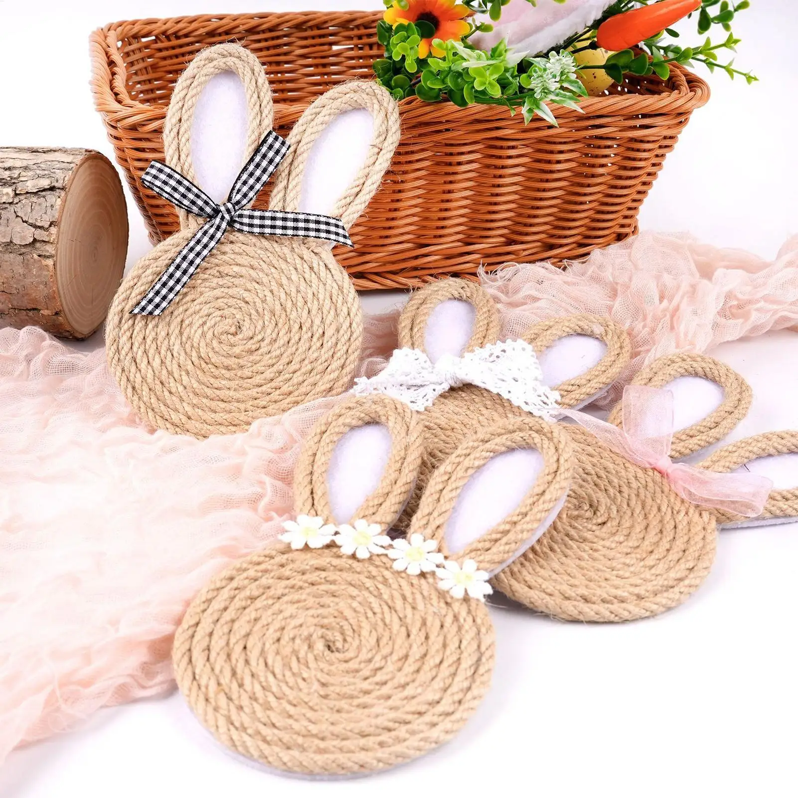 4pcs Jute Rope Rabbit Coasters Table Mat Pad Cloth Cup Doily Tea Dining Coaster Mug Tablecloth Placemat Kitchen Easter Decor