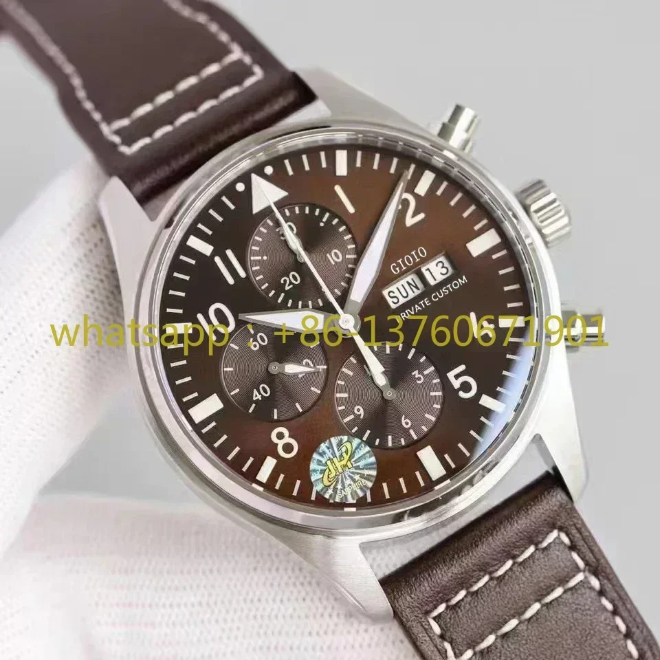 Luxury Mens Automatic Mechanical Watch Brown Black Leather Pilots Stainless Steel Luminous Green Coffee Big Watches 43mm