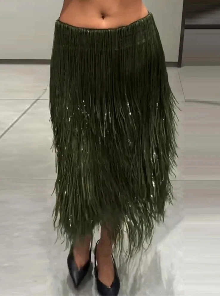 

2026 Spring Summer Women‘s Green Tassel Midi Skirt - Sexy Straight Shiny Low Waist Tube Skirt for Party & Evening Wear