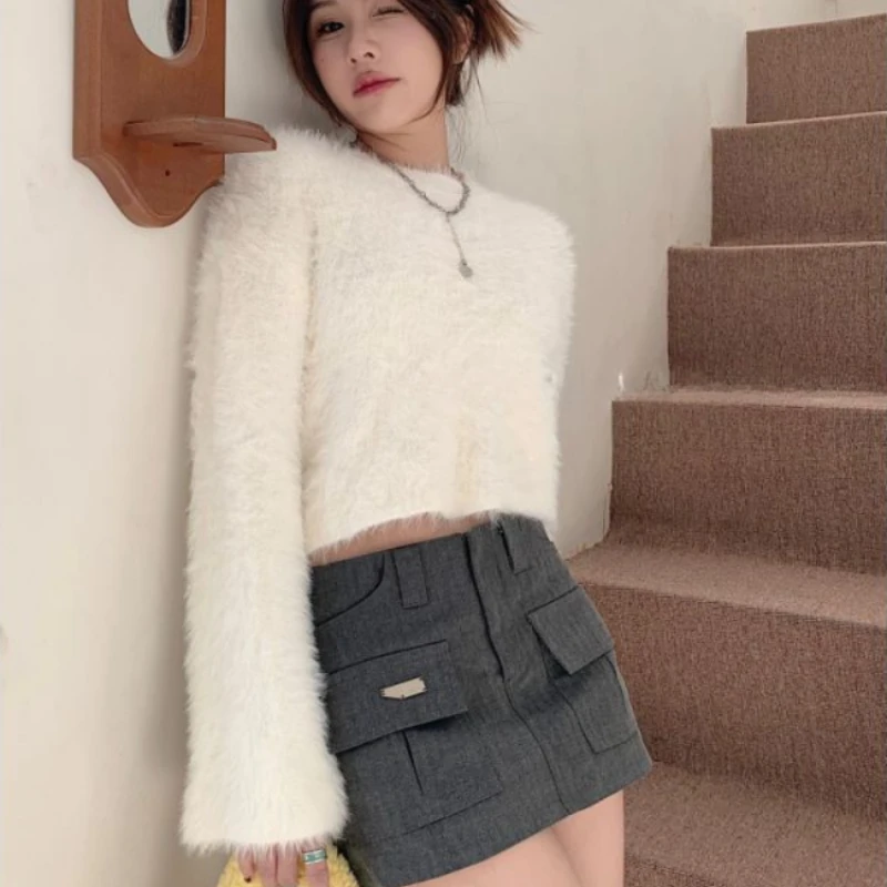 Pullovers Women Solid Fall Winter Slim-fit  Long Flare Sleeve Knitted Sweaters O-neck Crop Tops Korean Style Simple All-match