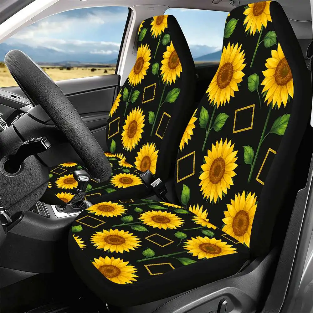 2pcs Bright Sunflower Car Seat Covers Suitable For Front Seats, High Back Design, Material, Suitable For Cars, SUVs And Trucks,